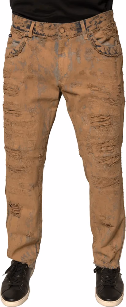 Dolce & Gabbana Brown Tattered Cotton Skinny Denim Jeans