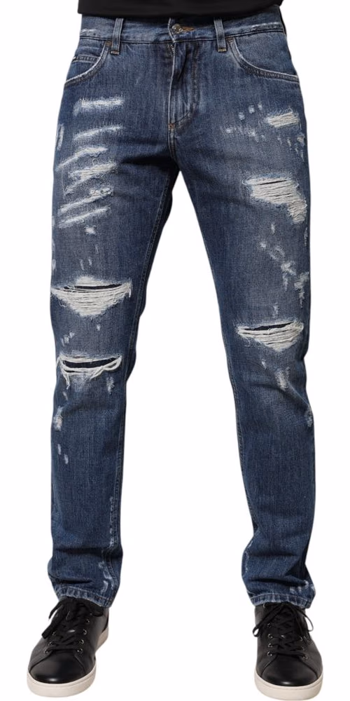 Dolce & Gabbana Blue Cotton Tattered Skinny Denim Jeans