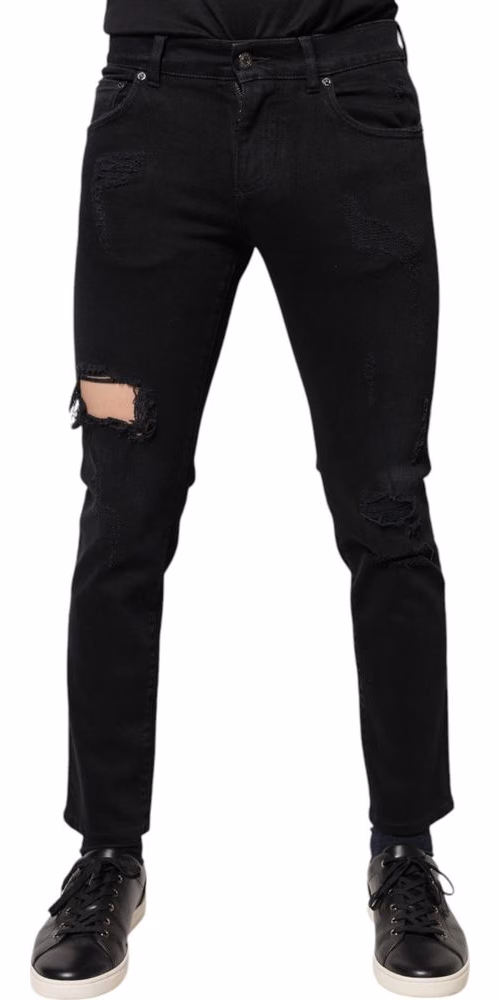 Dolce & Gabbana Black Cotton Tattered Skinny Denim Logo Jeans