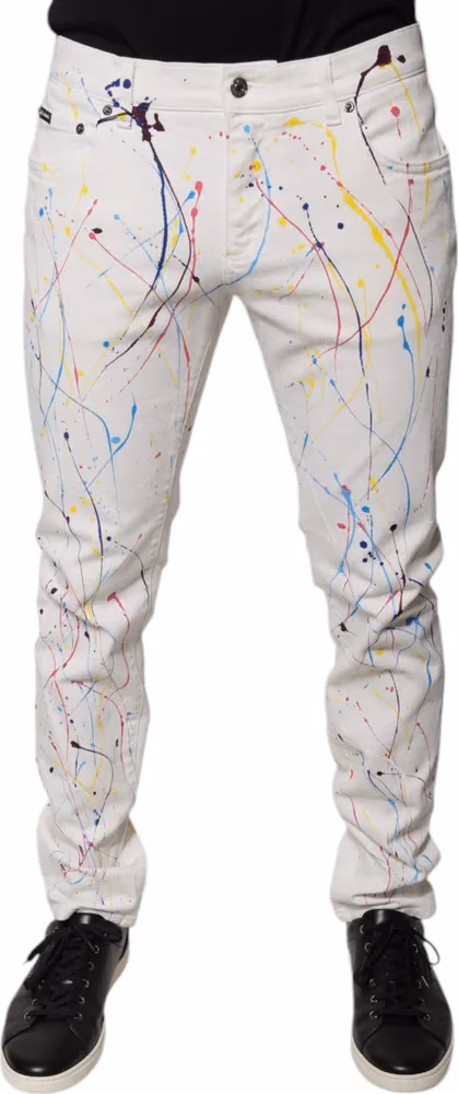 Dolce & Gabbana White Color Splash Print Skinny Denim Jeans