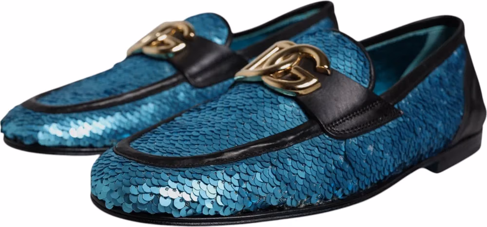Dolce & Gabbana Blue Sequined Loafers Formal Dress Shoes