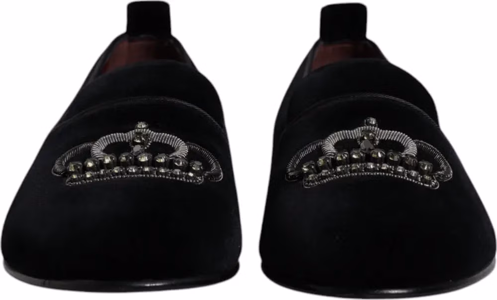 Dolce & Gabbana Black Velvet Crystal Crown Loafers Formal Dress Shoes