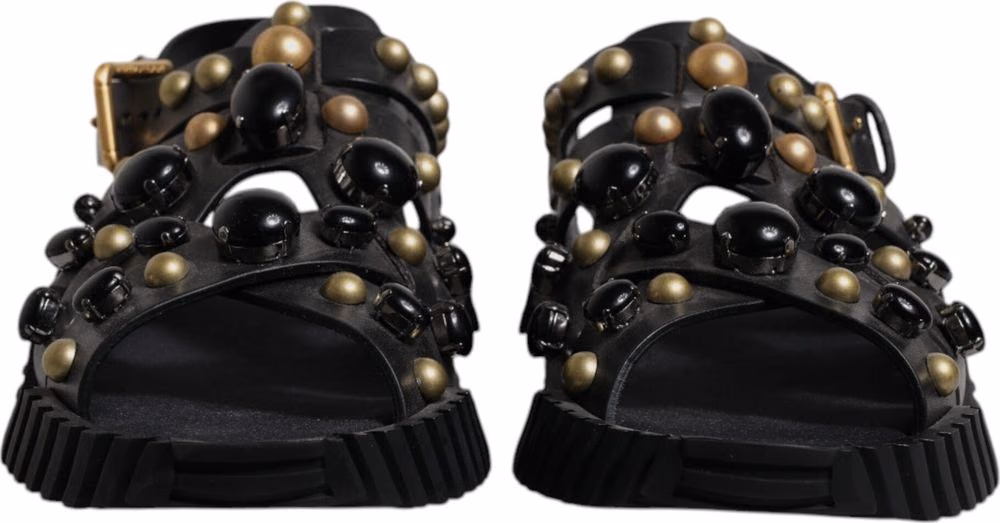Dolce & Gabbana Black Leather Studded Slides Sandals Shoes