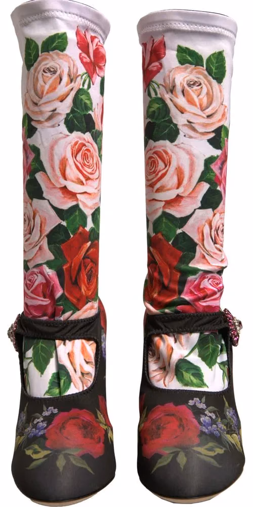 Dolce & Gabbana Black Floral Socks Crystal Boots Jersey Shoes