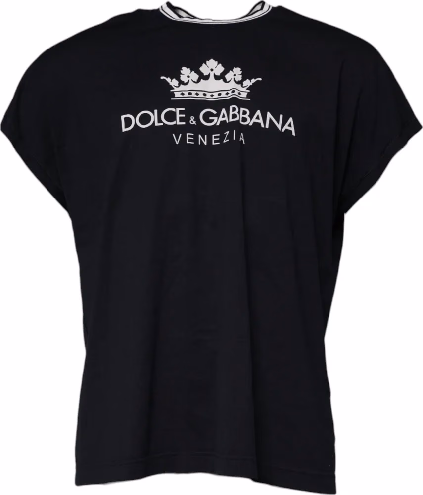 Dolce & Gabbana Dark Blue Logo Crown Cotton Crew Neck T-shirt