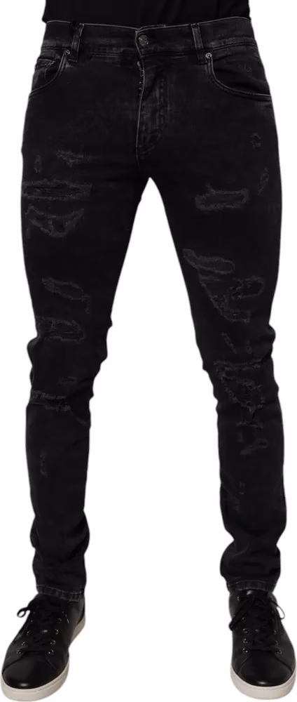 Dolce & Gabbana Black Tattered Cotton Skinny Men Denim Jeans