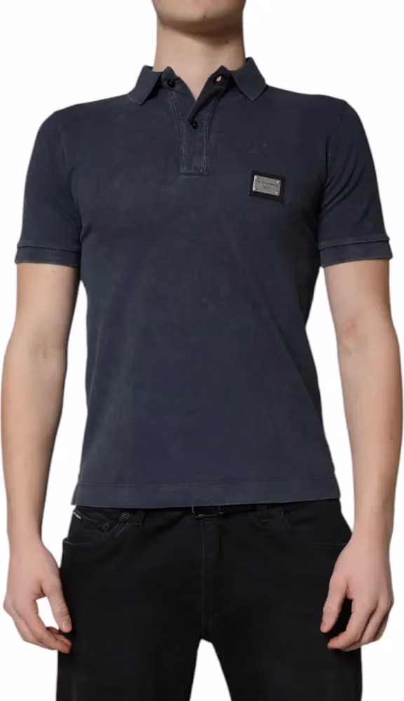 Dolce & Gabbana Dark Blue Logo Plaque Cotton Men Polo Shirt T-shirt