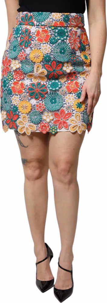 Dolce & Gabbana Multicolor Floral Lace High Waist Mini Skirt
