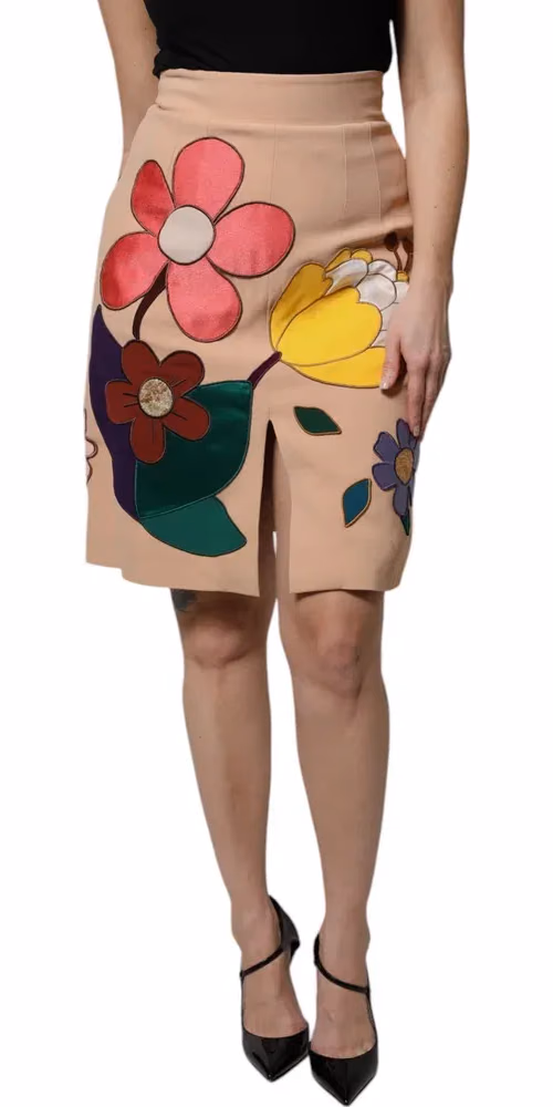 Dolce & Gabbana Beige Floral High Waist Pencil Cut Skirt