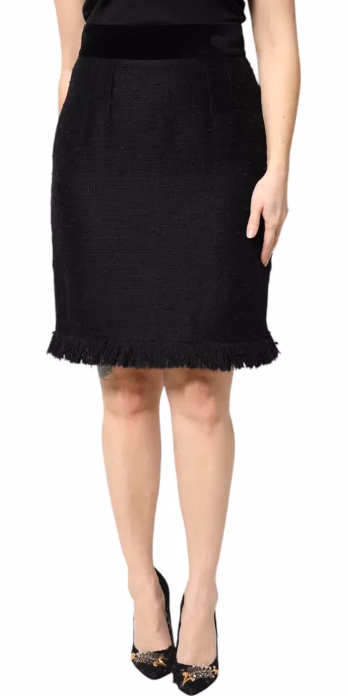 Dolce & Gabbana Black Wool Fringe High Waist Pencil Mini Skirt