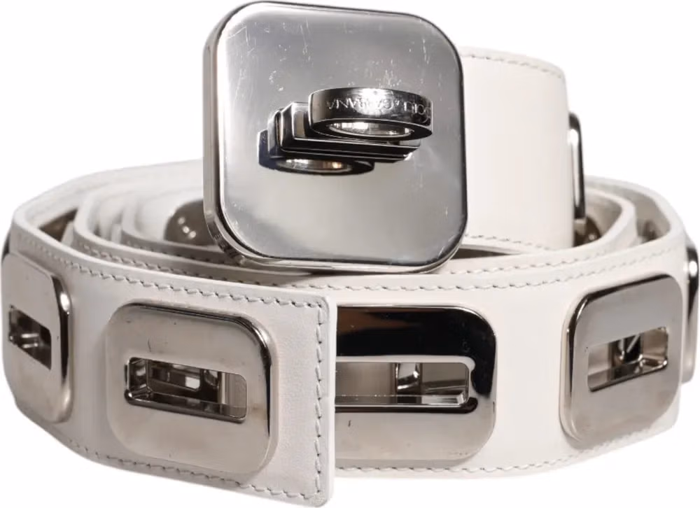 Dolce & Gabbana White Leather Gold Tone Rotating Buckle Belt