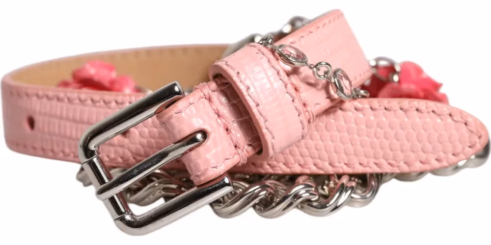 Dolce & Gabbana Pink Embelished Roses Textured Leather Belt