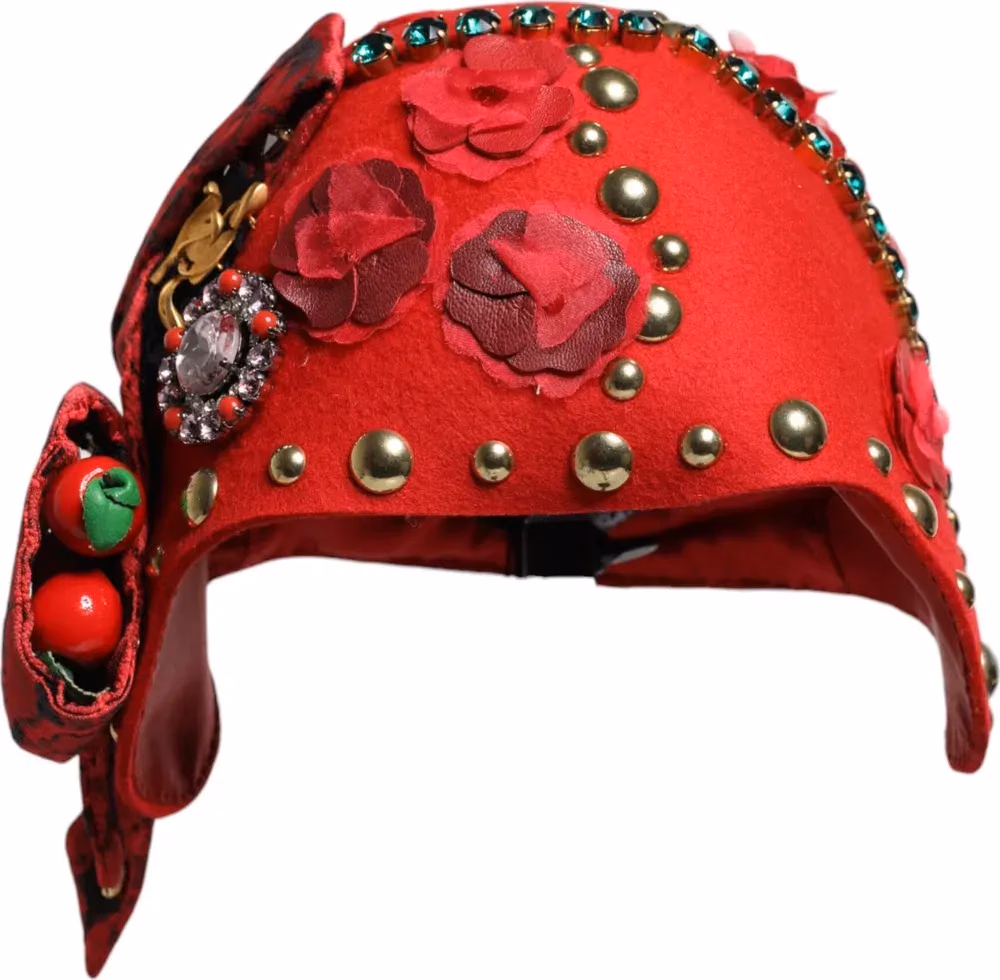 Dolce & Gabbana Red Crystal Gold Roses Brooch Embellished Hat