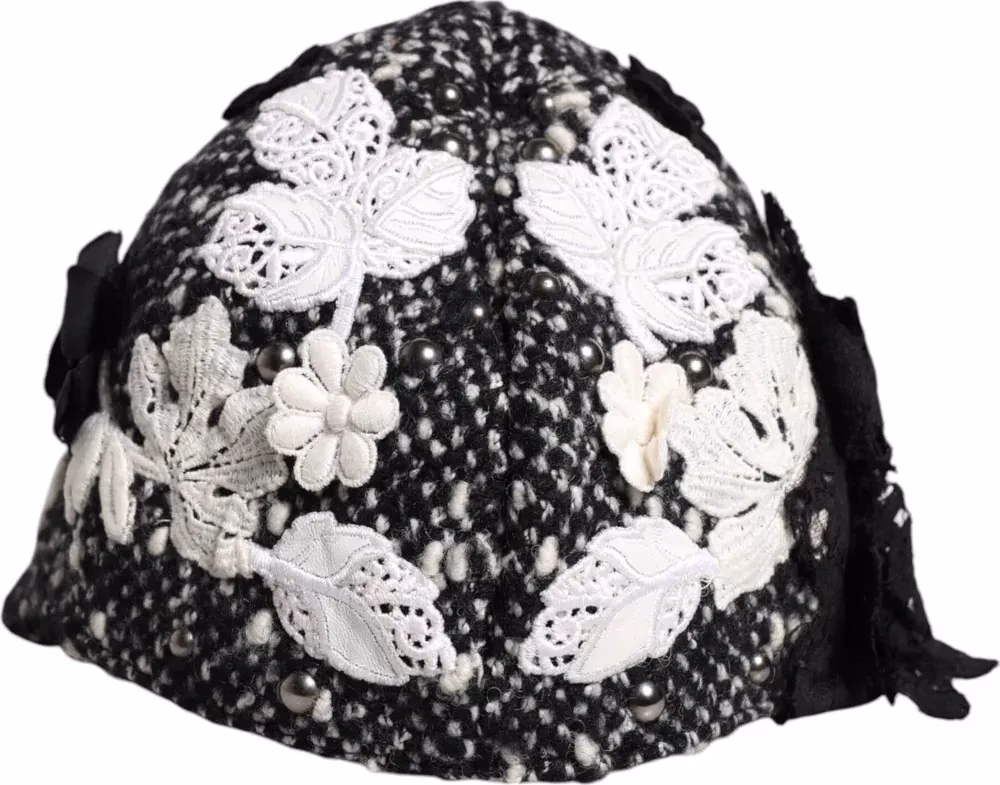 Dolce & Gabbana Black Wool White Floral Embellished Cloche Hat