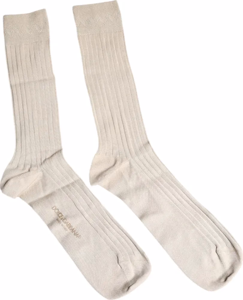 Dolce & Gabbana Beige Cotton Stretch Logo Mid Calf Socks