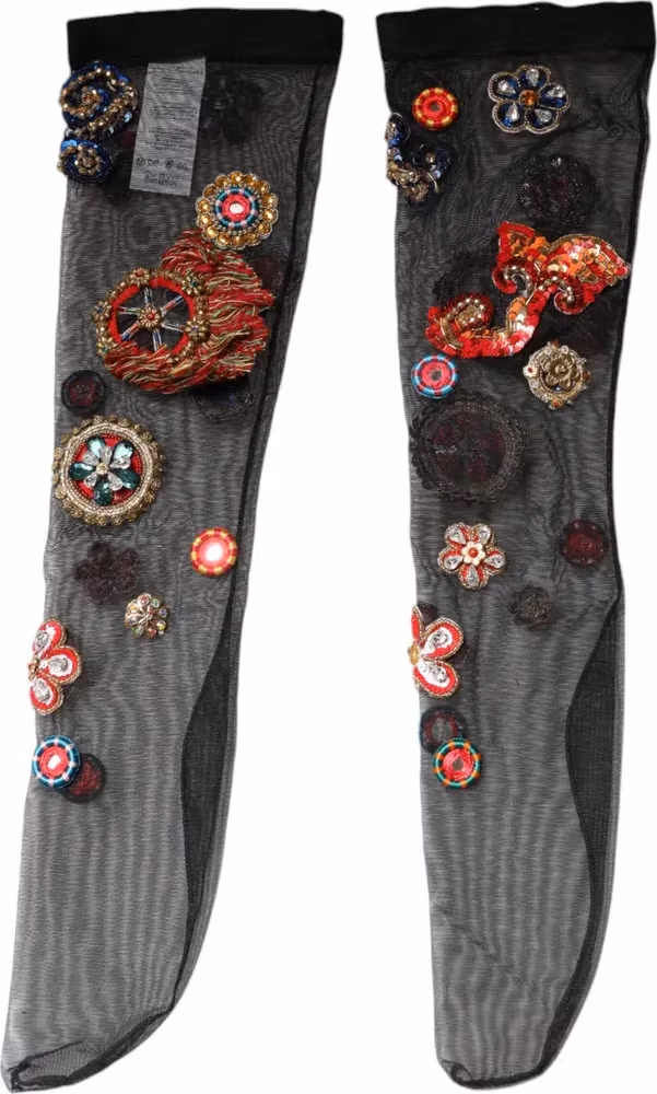 Dolce & Gabbana Black Stretch Carretto Crystal Stockings Socks