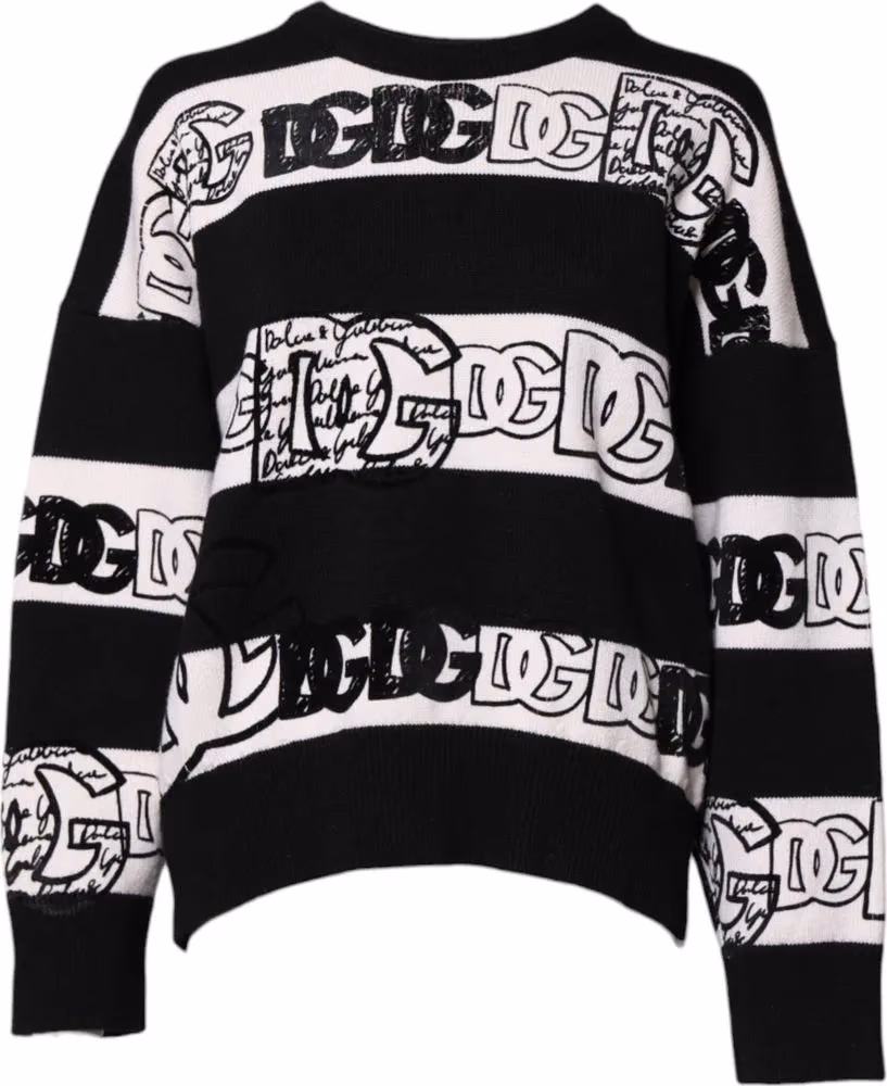 Dolce & Gabbana Black White Logo Print Wool Pullover Sweater