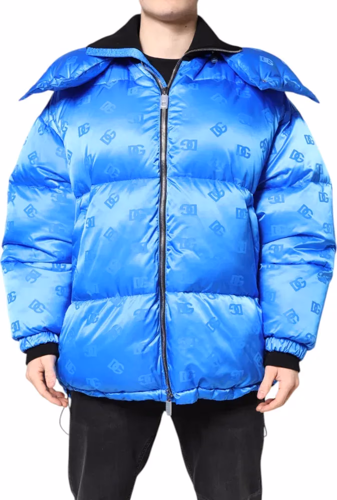 Dolce & Gabbana Blue Logo Full Zip Hooded Quilted Jacket