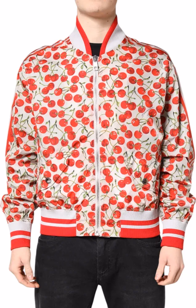 Dolce & Gabbana White Cherry Print Full Zip Bomber Jacket
