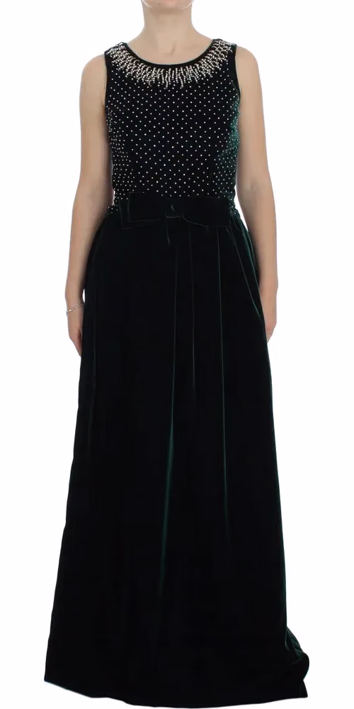 Dolce & Gabbana Green Velvet Crystal Long Maxi Dress