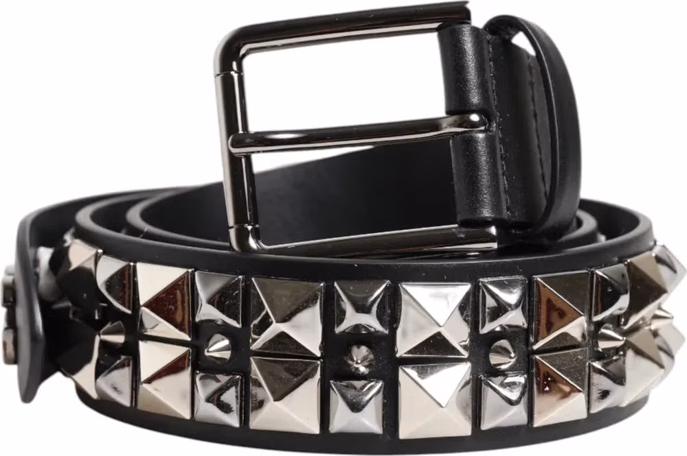 Dolce & Gabbana Black Calf Leather Studded Silver Buckle Belt