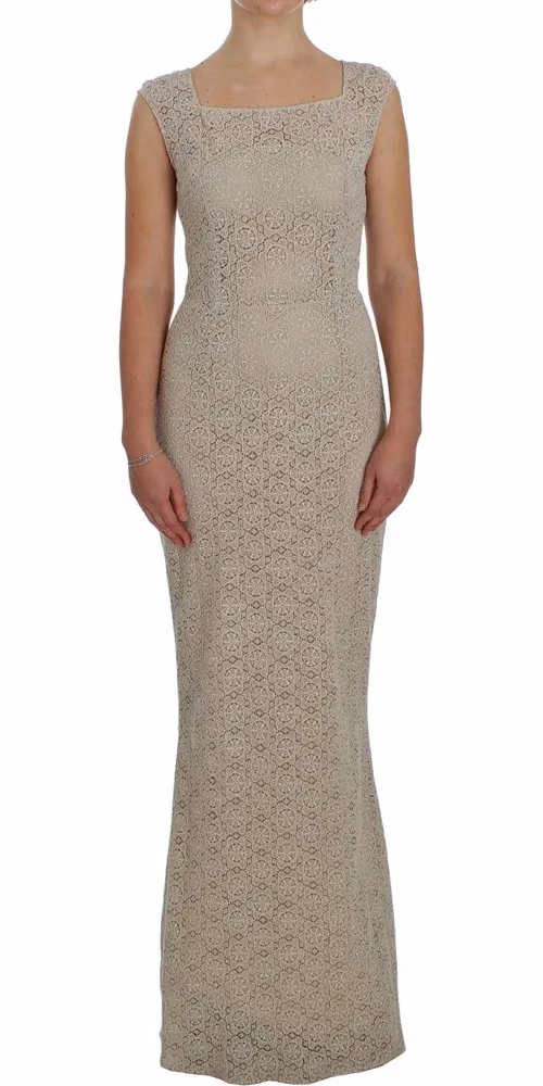 Dolce & Gabbana Beige Ricamo Cutout Cotton Sheath Dress