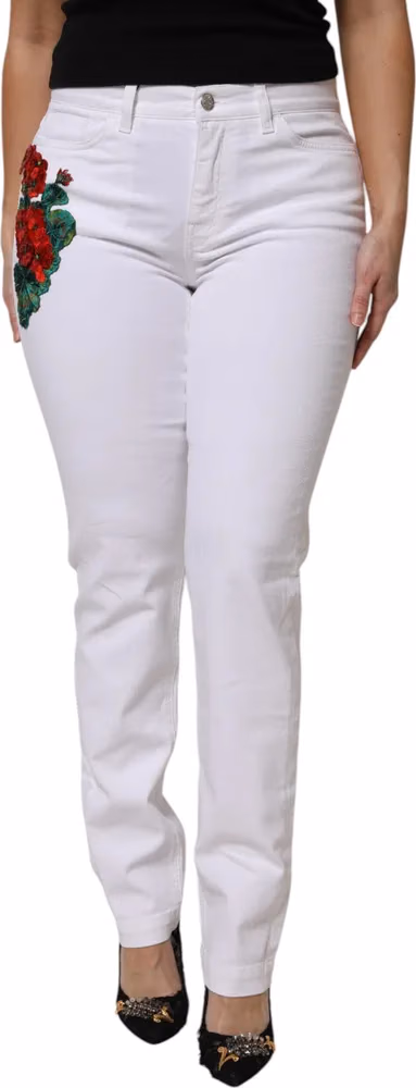 Dolce & Gabbana White Floral Sequined GIRLY Denim Jeans