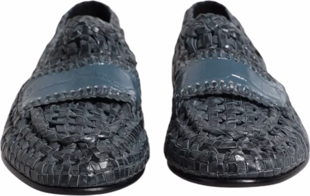 Dolce & Gabbana Blue Woven Leather Slip On Loafers Shoes