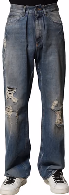 Blue Cotton Tattered Men Denim Jeans