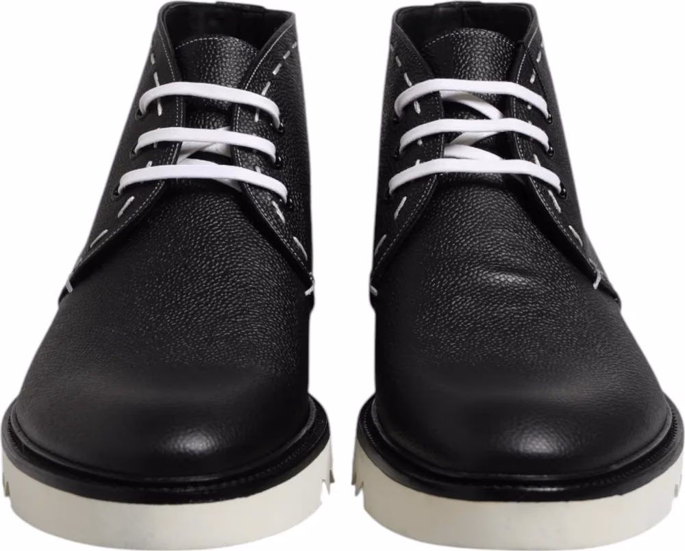 Dolce & Gabbana Black White Leather Ankle Boots Shoes