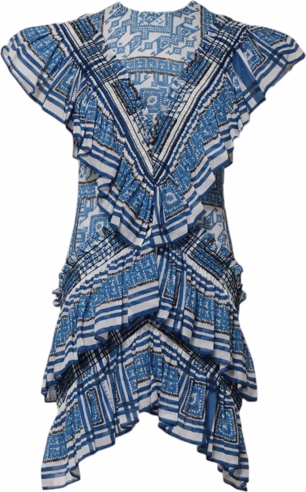 Philosophy di Lorenzo Serafini Blue Patterned Layered Short Sleeves Mini Dress