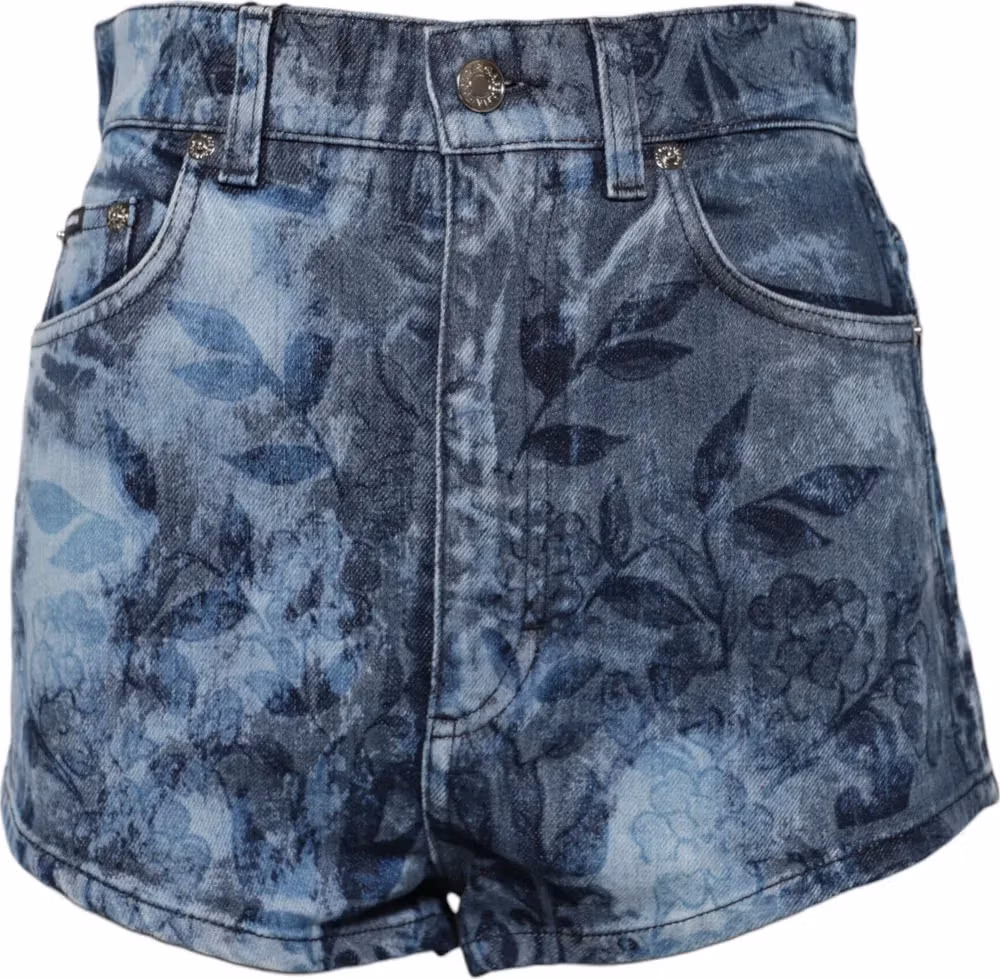 Dolce & Gabbana Blue Floral Print Denim Cotton Hot Pants Shorts