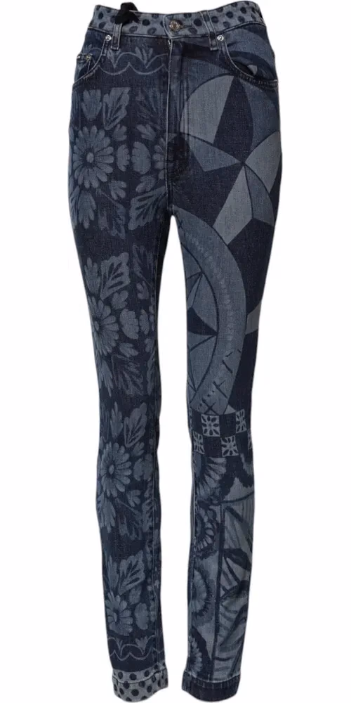 Dolce & Gabbana Blue Graphic Print Cotton Skinny Denim Jeans