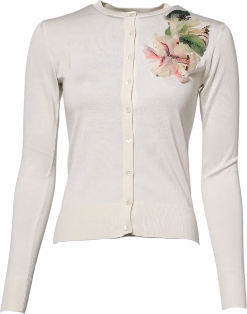 Dolce & Gabbana White Silk Lily Embellished Cardigan Sweater