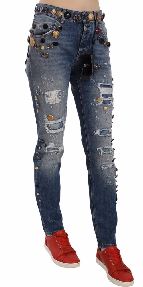 Dolce & Gabbana Distressed Embellished Buttons Denim Pants Jeans