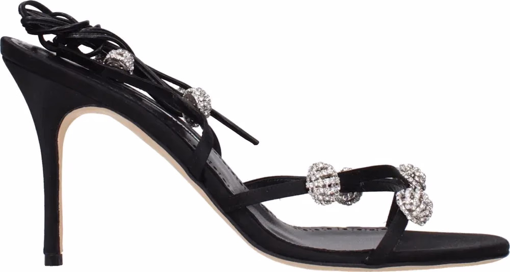 Manolo Blahnik Black Satin Stiletto Heel Sandals