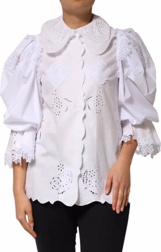 Dolce & Gabbana White Ruffled Lace Embellished Blouse Top