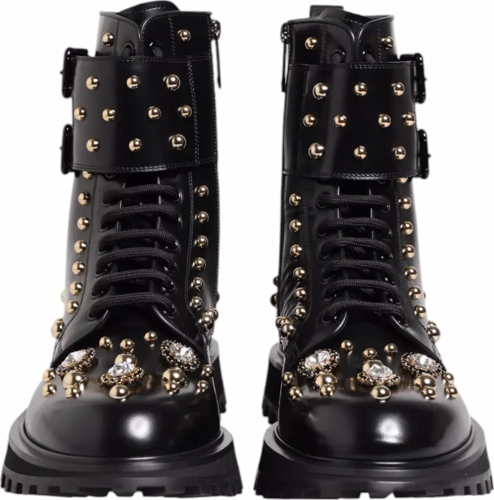 Dolce & Gabbana Black Studded Lace Up Mid Calf Boots Shoes