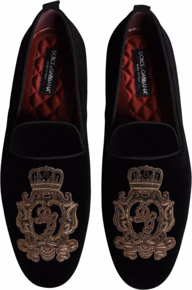 Dolce & Gabbana Black Velvet Gold Crown Mens Loafers Shoes
