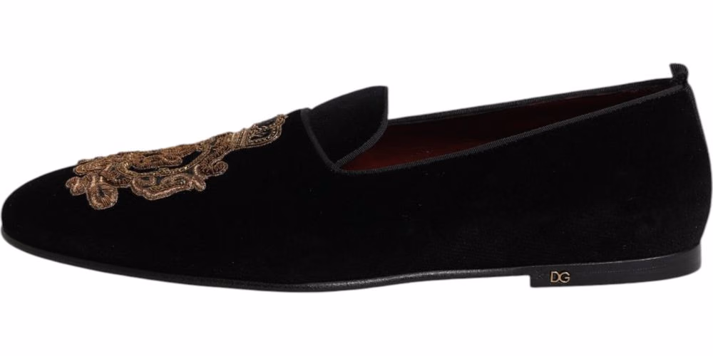 Dolce & Gabbana Black Velvet Gold Crown Mens Loafers Shoes