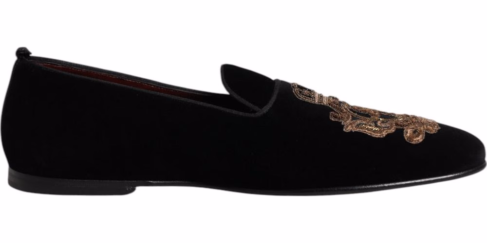 Dolce & Gabbana Black Velvet Gold Crown Mens Loafers Shoes