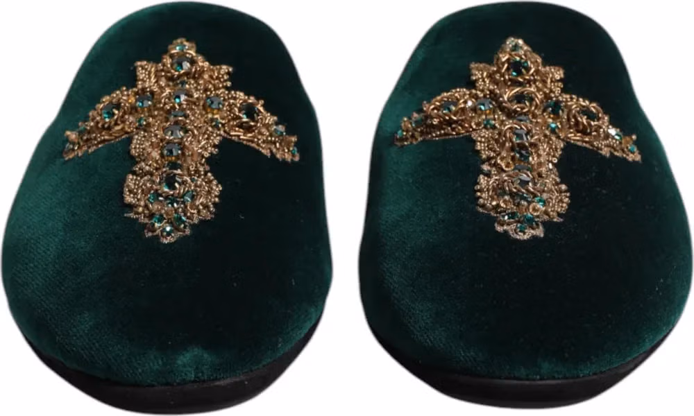 Dolce & Gabbana Green Velvet Cross Embellished Slippers Shoes