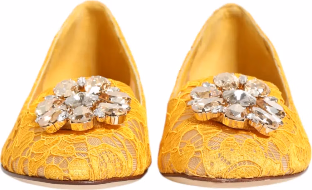 Dolce & Gabbana Yellow Taormina Lace Crystals Flats Shoes