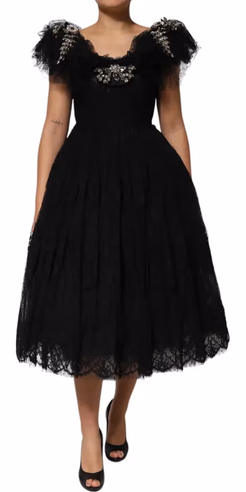 Dolce & Gabbana Black Crystal Embellished Midi A-line Dress