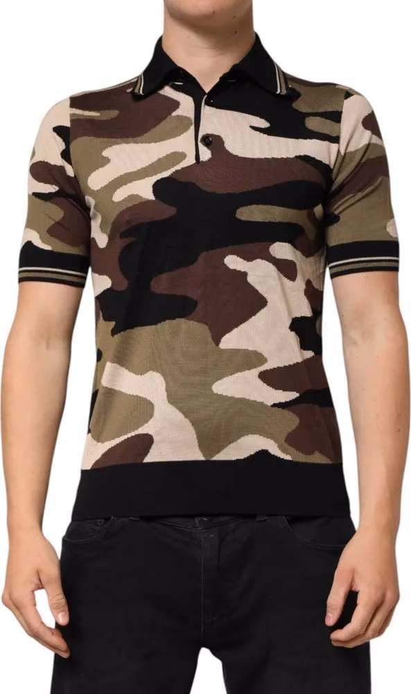 Dolce & Gabbana Camouflage Brown Silk Military Polo T-shirt