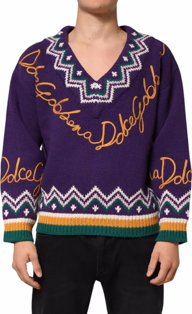 Dolce & Gabbana Purple Wool DG Logo Men Knit Pullover Sweater