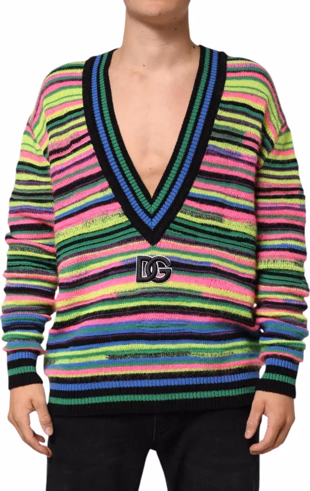 Dolce & Gabbana Multicolor DG Logo V-Neck Knit Pullover Sweater