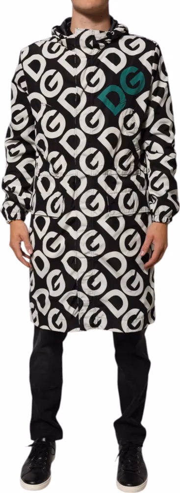 Dolce & Gabbana Black White Logo Print Hooded Coat Men Jacket