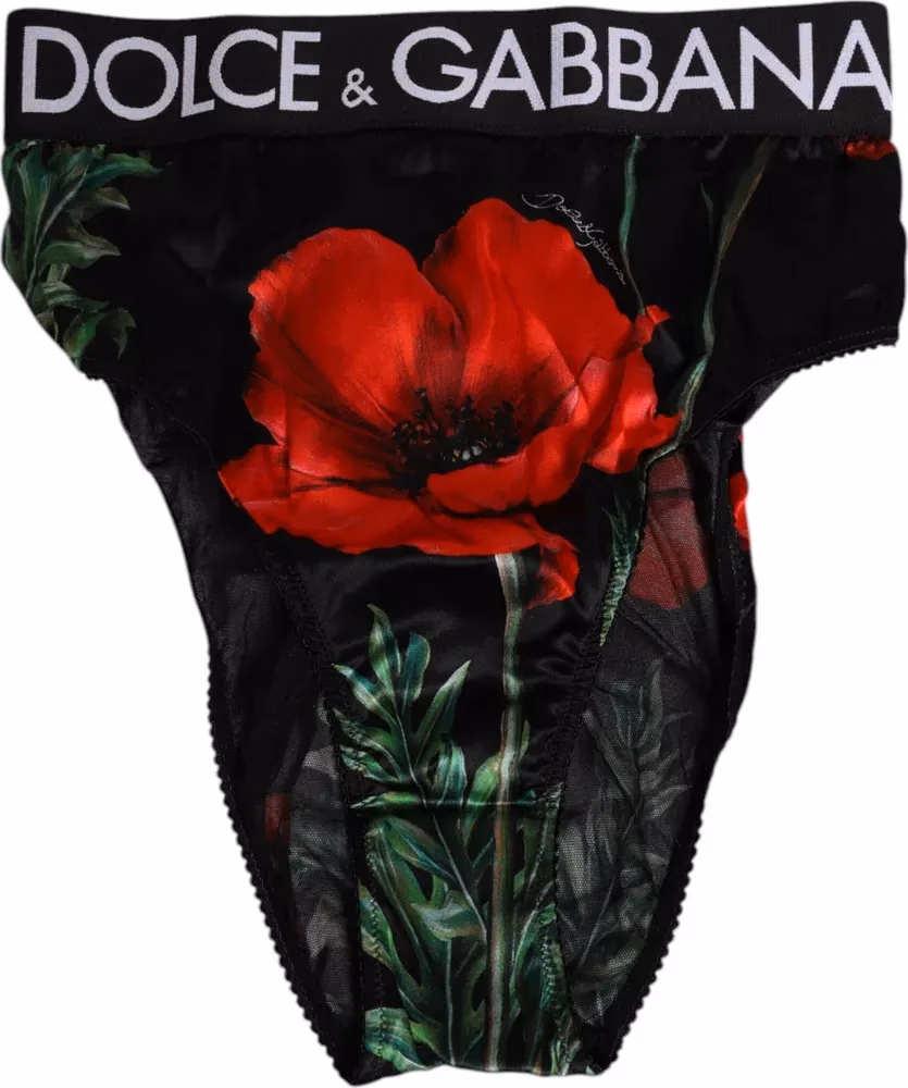Dolce & Gabbana Black Floral Print High Waist Sheer Mesh Underwear