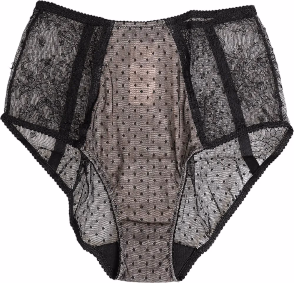 Dolce & Gabbana Black Sheer Polka Dot Lace High Waist Underwear